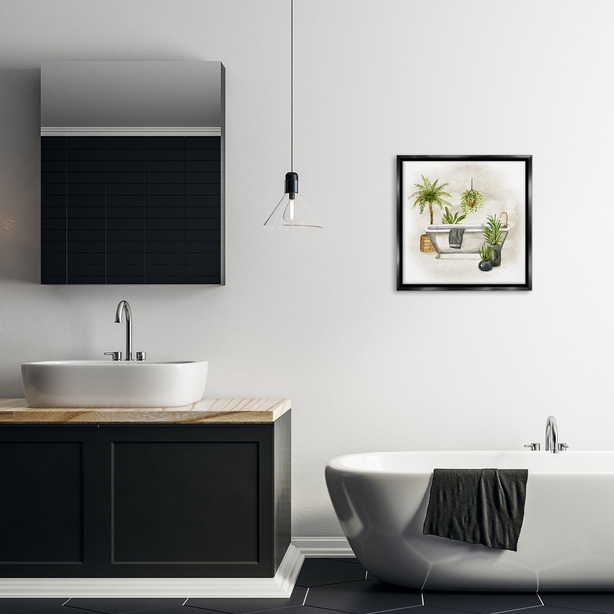 Stupell Industries Plant Filled Bathroom Bath & Laundry Painting Black Floater Framed Canvas Art Print Wall Art, 18 x 18