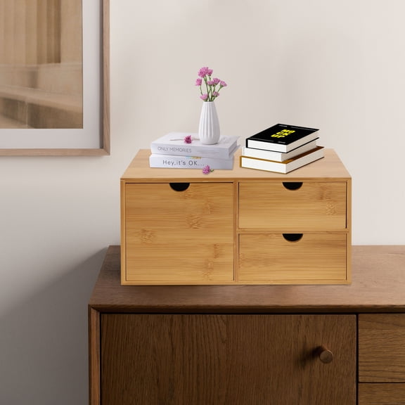 Bamboo Desk Organizer - Mini Bamboo Desk Drawer Tabletop Storage Organization Box for Office Home Toiletries Supplies, No Assembly Required (3 Drawers)