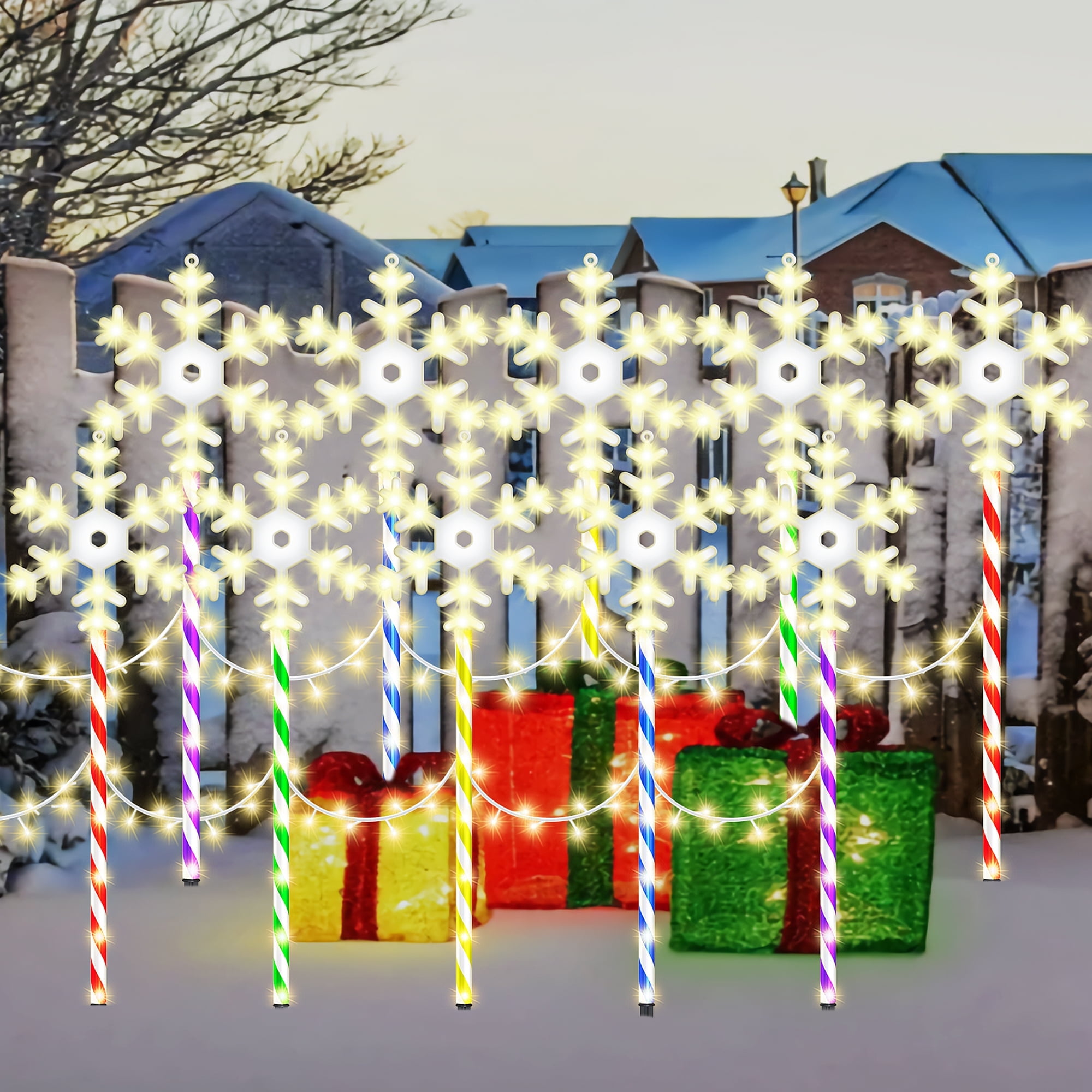 10 Pk Christmas Pathway Snowflake Lights 250 LED 8 Modes Waterproof  Lighted Outdoor Christmas Decoration