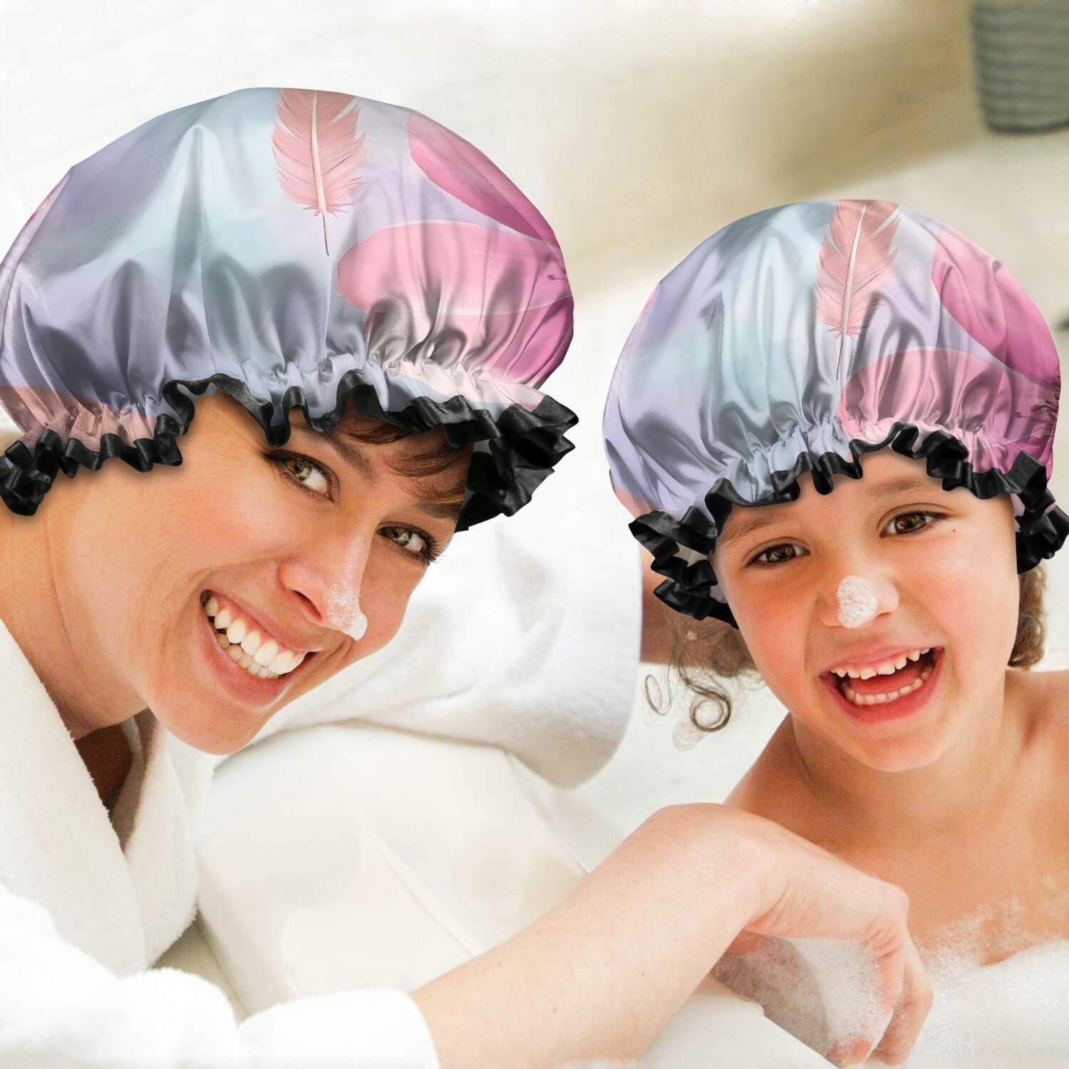 Shower Caps,Gilded Floral Watercolor Pattern Waterproof Shower Cap for Women 4 Pieces,Double Reusable Hair Cover for Shower PEVA Elastic Stretch Hem