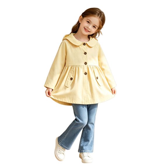 lnmuld Girls Hooded Trench Coat Solid Peter Pan Collar A Line Pleated Wind Jacket Casual Fall Winter Outerwear for Kids Light Yellow,4-5 Years