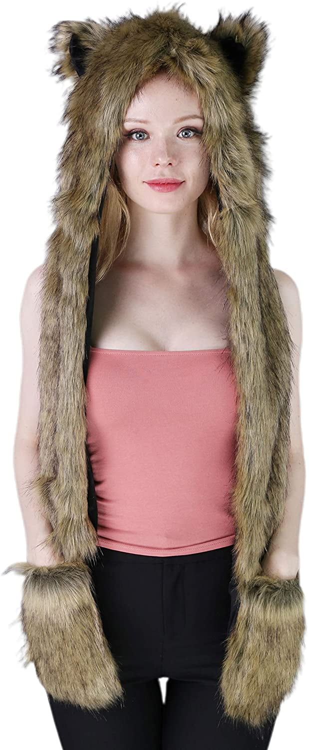 faux fur animal hat with long mittens