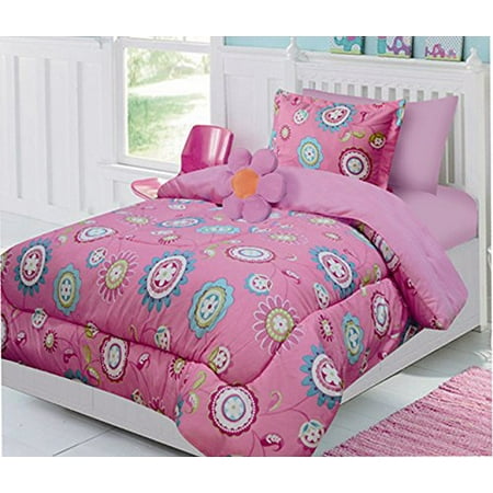 Fancy Comforter Sets Fancy Linen Collection Twin Size 6 pc Flower Pink Girls / teens Comforter set With Furry Buddy Included ()