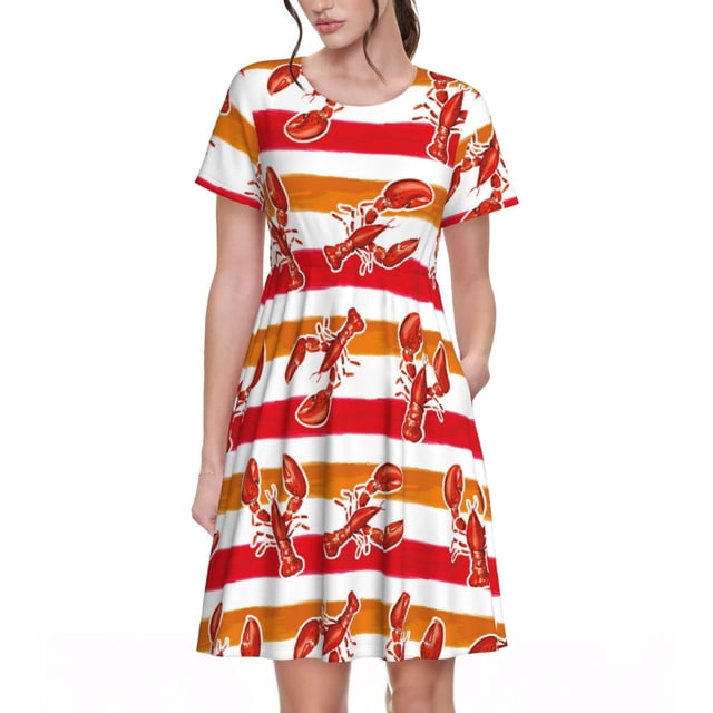 Disketp Red Lobster para Vestido de Manga Corta para Mujeres, Vestidos de Verano para Mujeres, Casual y Holgado para la Playa