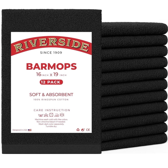 RIVERSIDE 12 Pack Cotton Bar Mop 16x19 Absorbent Kitchen Towels and Cleaning Cloths - Black