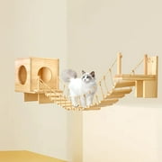 Cat Wall Shelves and Condos for Indoors Cats, Cat Wall Furniture with Solid Wood Climbling Bridge and House for Kitten/Medium Cats to Play and Rest
