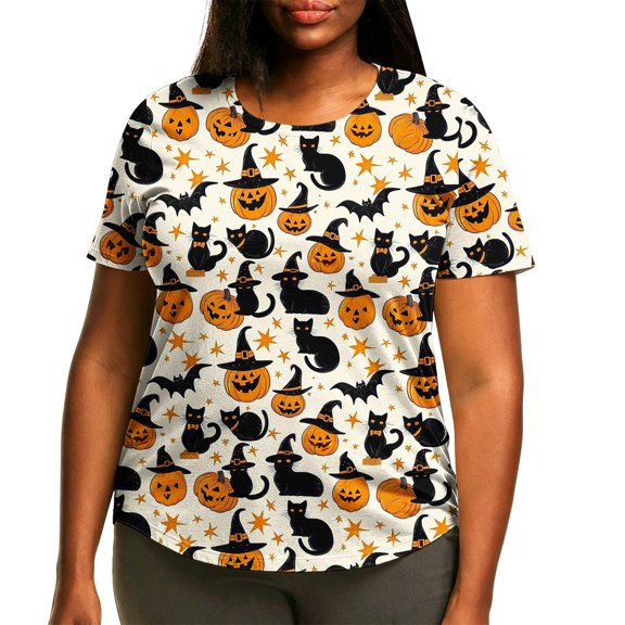Witch Hat Stars Funny Graphic Tees for Women Plus Size Round Neck Short Sleeve Oversized Fall Tops Fall Shirts Multicolor M