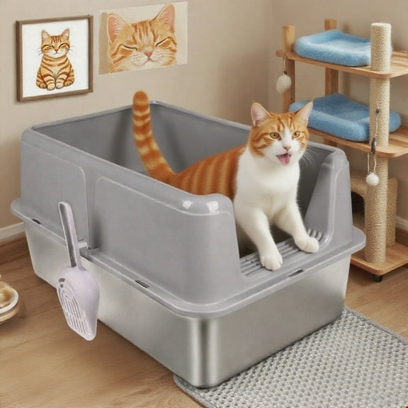 iHomeGarden Stainless Steel Cat Litter Boxes XL Open-Top with Lid for Big Cats and Multi-Cats | High Sided, Anti-Urine Leakage | Non-Stick Bottom, Gray