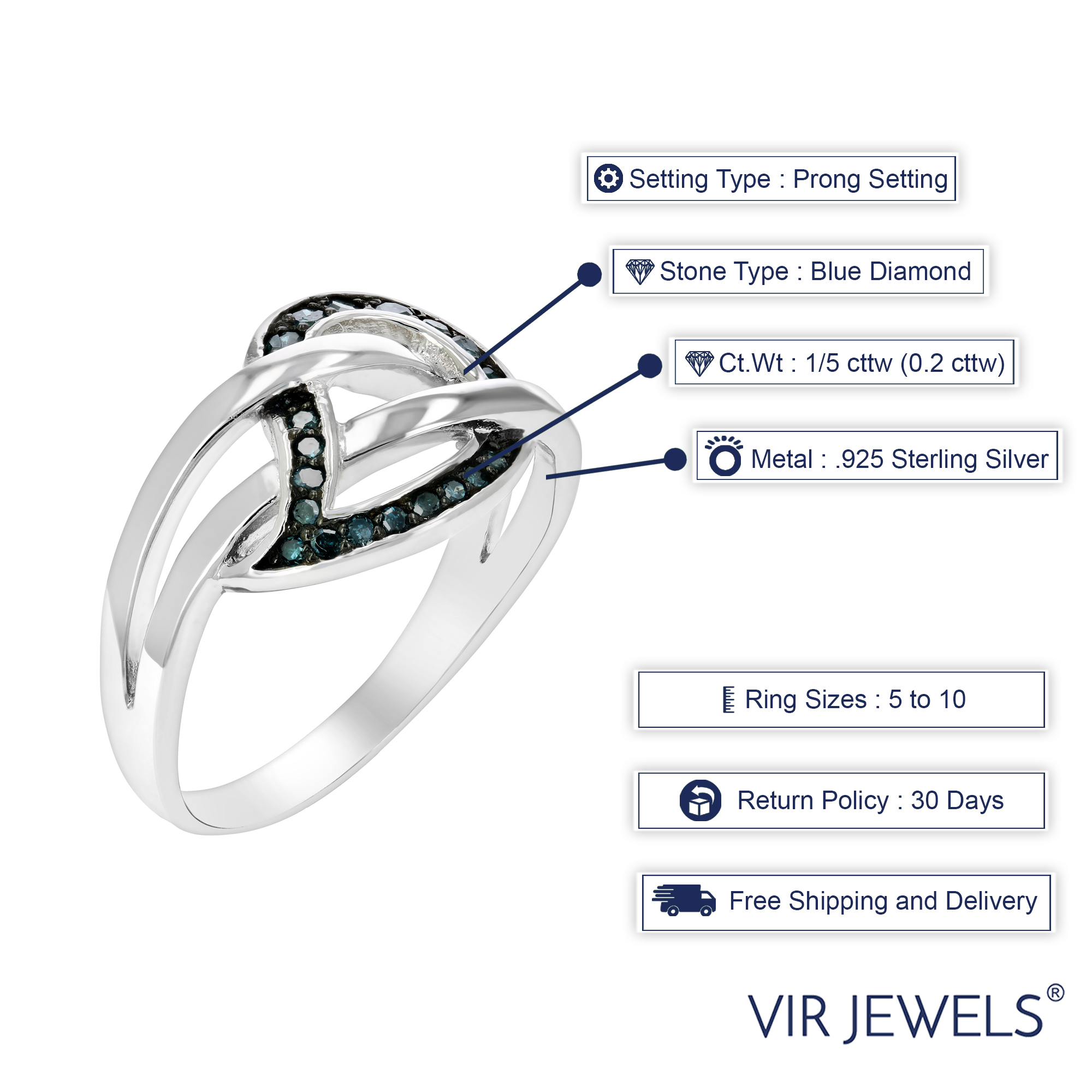 Vir Jewels 1/5 CTTW Blue Diamond Leaf Ring .925 Sterling Silver with Rhodium Plating Size 7