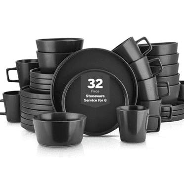 32-Piece Stoneware Dish Set, Service for 8, Black Plates and Bowls Dinnerware Set, Dishwasher and Microwave Safe, Black Matte