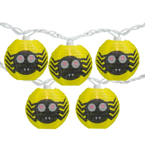 Northlight 10-Count Yellow and Black Spider Paper Lantern Halloween Lights, 8.5ft White Wire