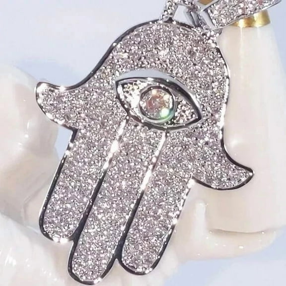 2Ct Round Cut Real Moissanite Hamsa Hand Men's Pendant 14K White Gold Plated
