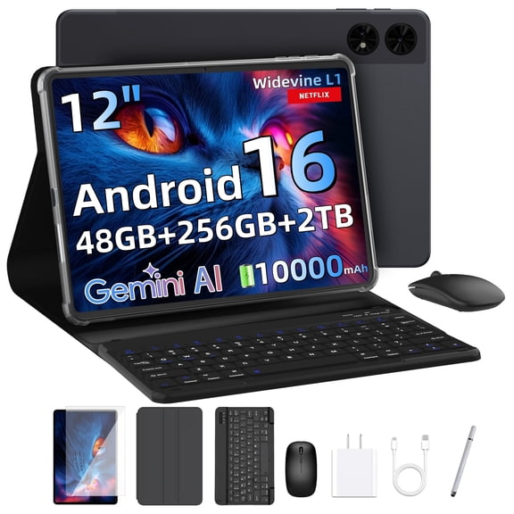 AI Tablet 2026 Android 16, 12" FHD IPS Display, 48GB RAM, 256GB ROM Expandable to 2TB, Gemini AI, Octa-Core T7280, 16MP Camera, 10000mAh Battery, Widevine L1, 2-in-1 with Keyboard, Mouse & Stylus
