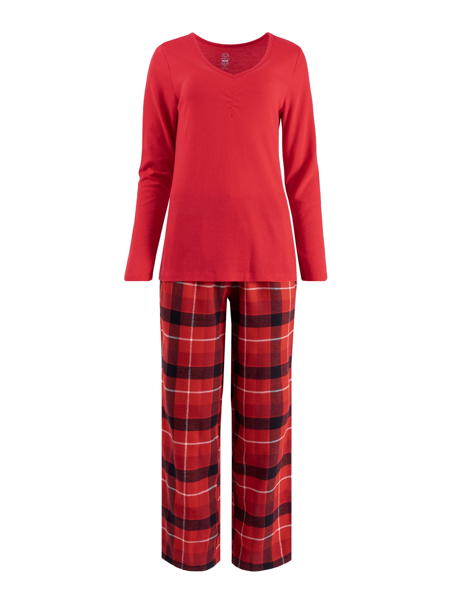 Fruit of the Loom Women's Beyond Soft Long Sleeve Waffle Top and Flannel Bottom Pajama Set, Sizes S-4X