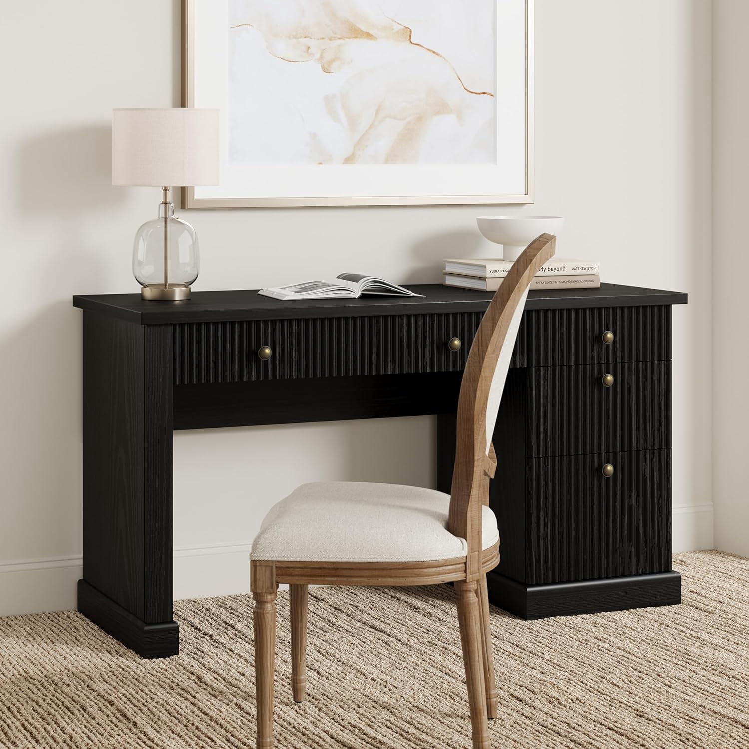 Fluted Home Office Desk Storage, 54" Modern Executive Desk with Charging Station, Wooden Computer Writing Desk with File Cabinet & Drawers for Study, Living Room, Bedroom