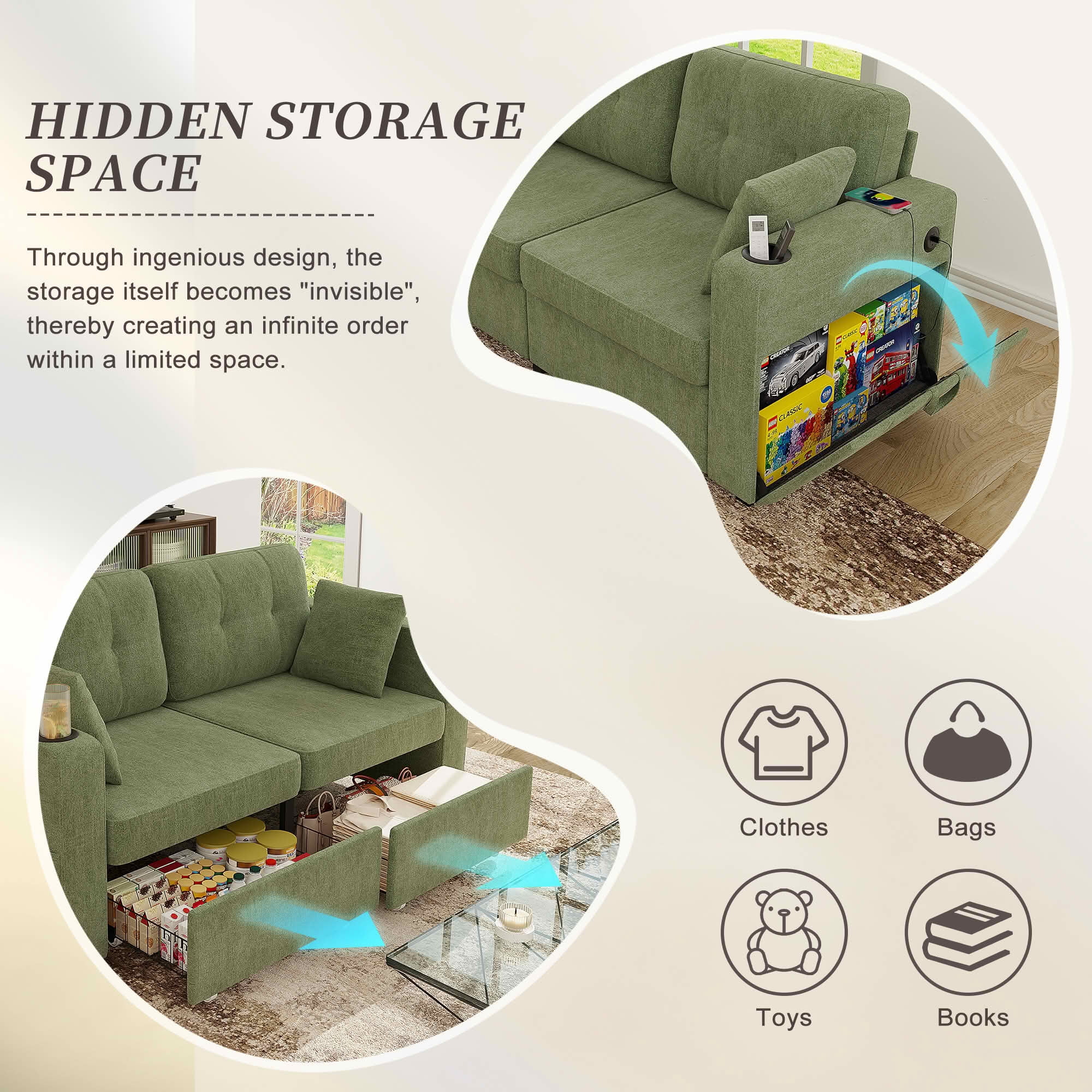 MAYEERTY Modern 3-Seat Chenille Sofa, Wood Frame Sectional Couch with USB Charging, Cup Holder & Storage Function for Home Small Space Living Room