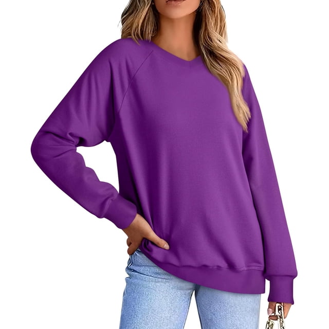Plebaso Sweatshirts Décontractés à Manches Longues Col en V pour Femmes Pull Confortable Couleur Unie