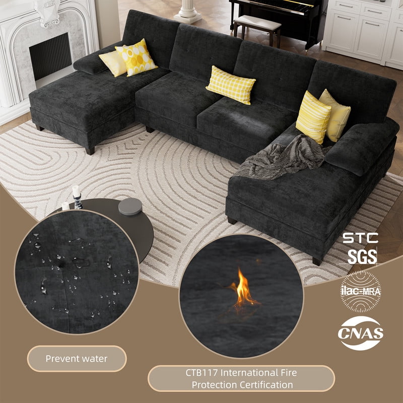 Walsunny Modern U-Shaped Sectional Sleeper Sofa with 4 Deep Seat, Modular Cloud Oversized Sofa Couch with Chenille Fabric & Double Chaise for Apartment, Black