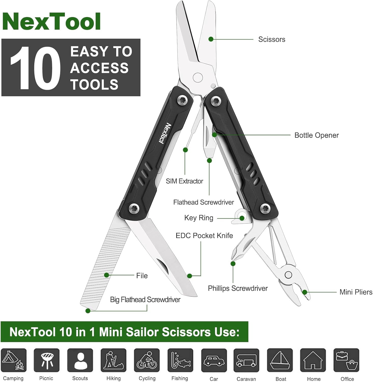 NexTool 10 in 1 Multitool, Mini Sailor Scissors with Key Ring, EDC Pocket Knife, Mini Pliers, Black