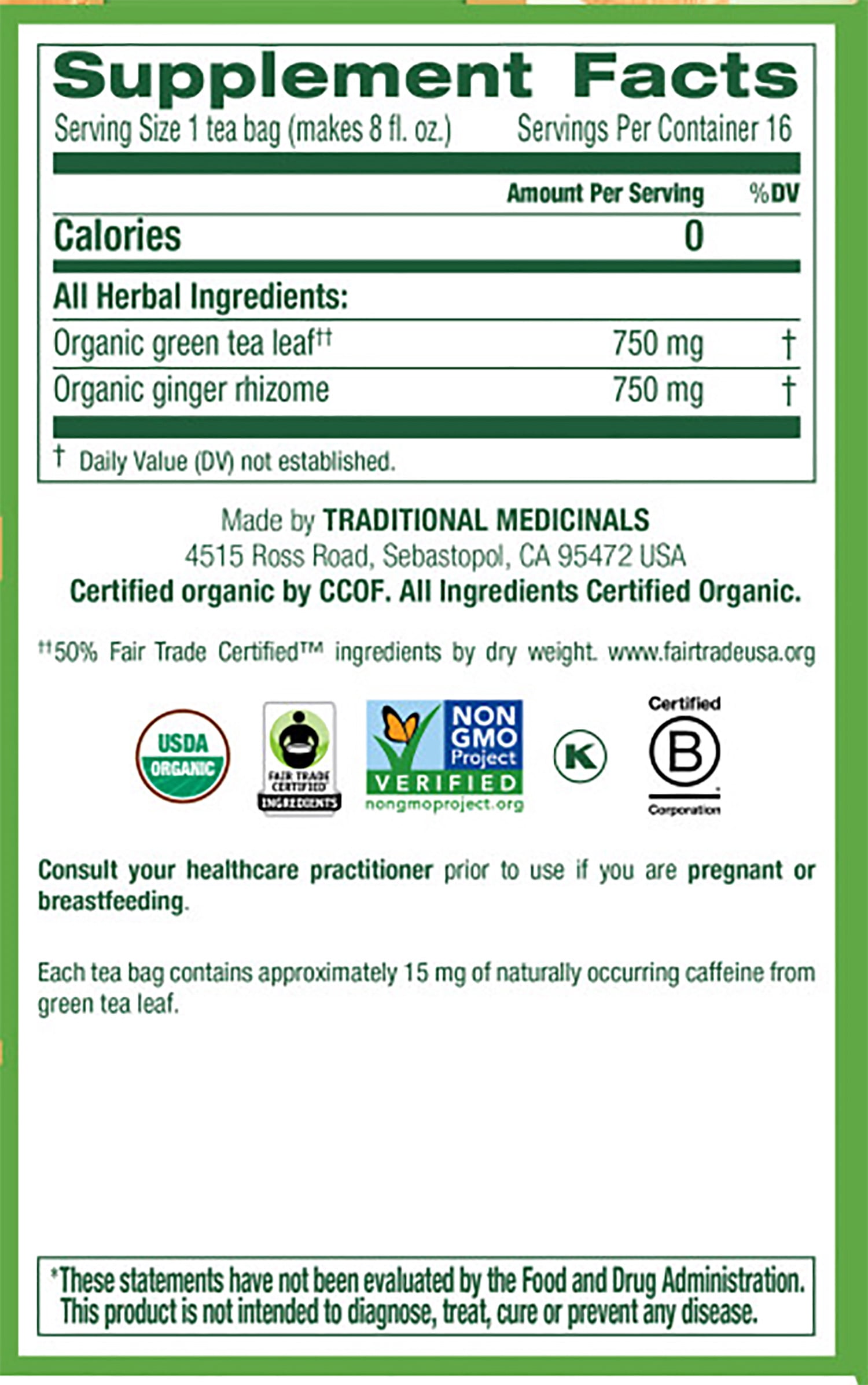 Traditional Medicinals Green Tea with Ginger Green Tea Organic, 16 CT (Pack of 3)