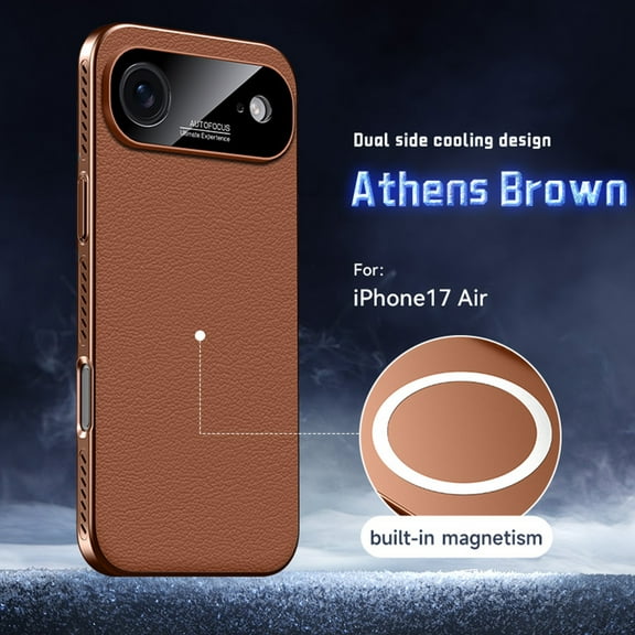 for iPhone 17 Air Magnetic Case  Heat Dissipation Hard Bumper Slim Anti-Scratch Protective Phone Cover Luxury PU Leather Support Wireless Charging for iPhone 17 Air, Brown