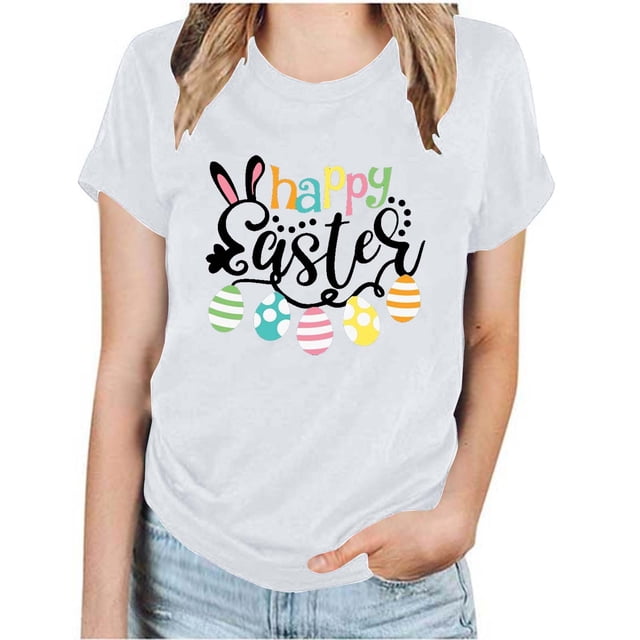 RKSTN Hauts pour Femmes Décontracté Été Ample Grande Taille Imprimé Graphique Lapin de Pâques Blouse Mode Col Rond Manches Courtes T-shirt