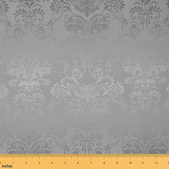 Victorian Baroque Fabric By The Yard,Damask Upholstery Fabric for Man Woman,Exotic Tribal Moth Decorative Fabric for Art,Vintage Skull Indoor Outdoor Fabric,Grey,10 Yards