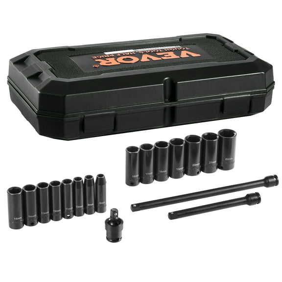 KFFKFF 18-Piece 3/8" Drive Impact Socket Set - Metric Sizes 8-22mm - Durable CR-V Alloy Steel with 6-Point Design for Automotive Repairs - Clear Size Markings - Sturdy Build