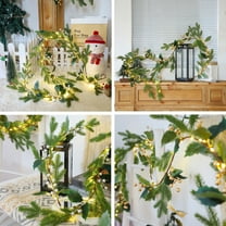 Christmas Garland with Lights LED String Lights Artificial Norfolk Pine Garland With Pines Cones Red Berries Winter Pines Needles Greenery Vines For Christmas Holiday New Year Home Decoration