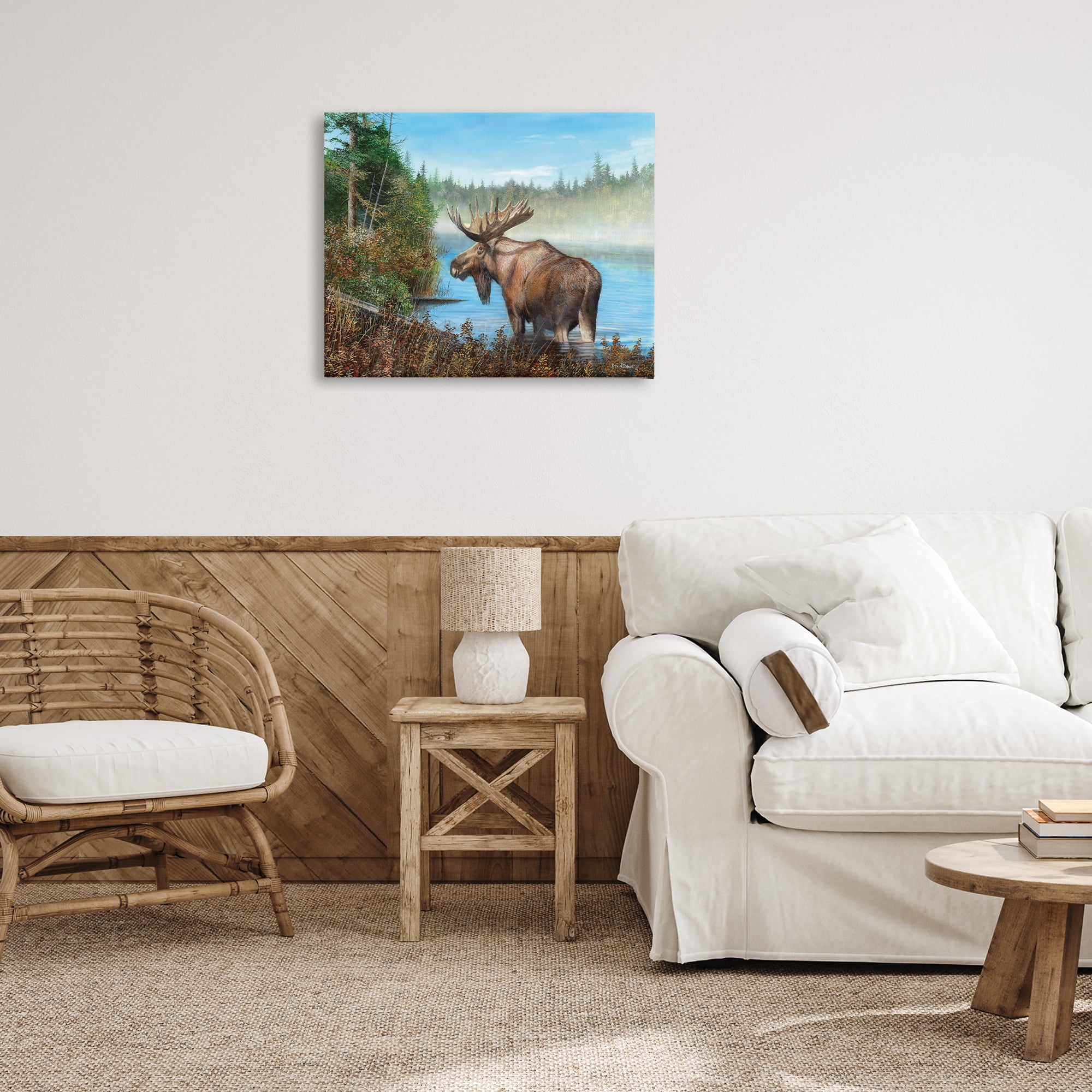 Stupell Industries Rustic Moose Wading in Shore Landscape & Nature Painting Wrapped Canvas Art Print Wall Art, 30 x 24