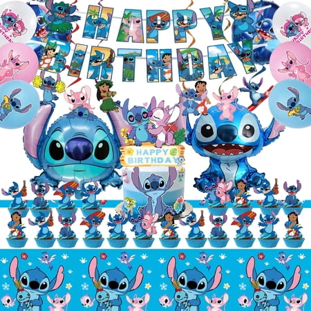 Stitch Party Supplies 52PCS Birthday Decorations Set Include Banner Latex Balloons Foil Balloons Hanging Swirls Cake Cupcake Toppers Tablecloth for Boys Girls Stitch Theme Party