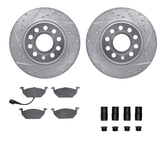 Dynamic Friction Company Front Brake Rotors-Drilled and Slotted-Silver with 5000 Euro Ceramic Brake Pads includes Hardware 7612-74043