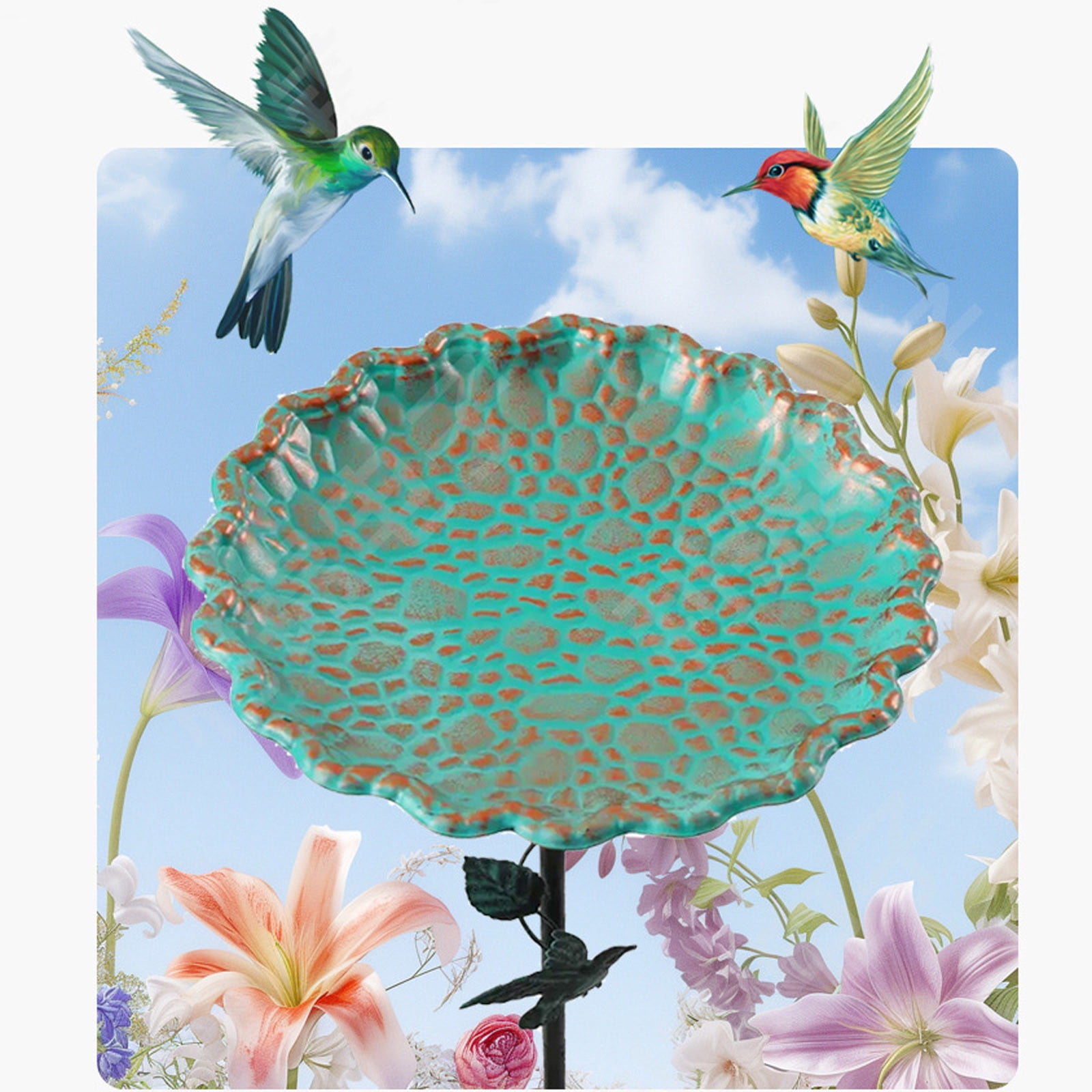 Ground Inserted Lotus Leaf Shape Metal Bird Bath Feeder, 32.2" Multicolor Water Tray, Decorative Outdoor Garden Courtyard Bird Bath
