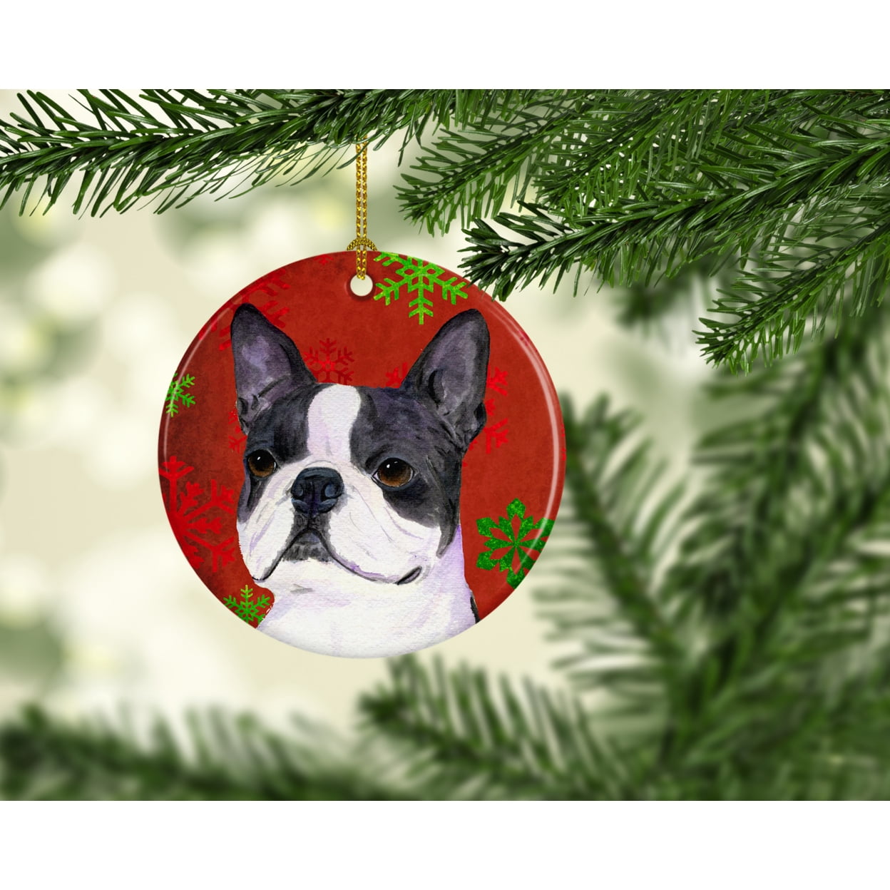 Carolines Treasures SS4723-CO1 Boston Terrier Red Green Snowflakes Christmas Ceramic Ornament 3 in multicolor