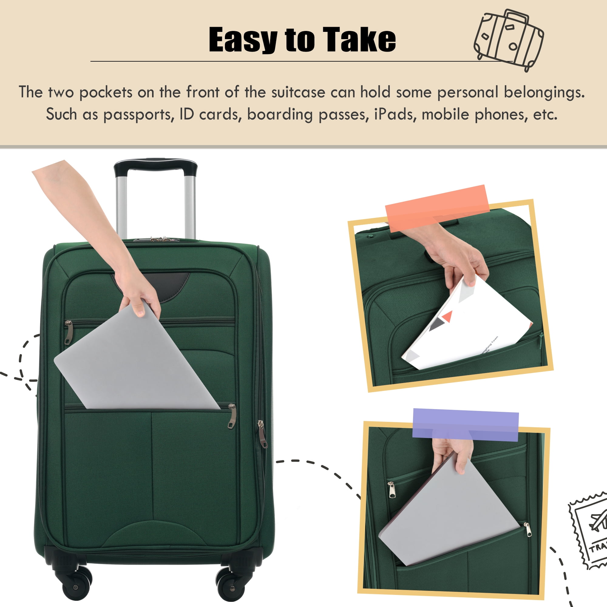 Euroco 5 Piece Softside Luggage Set,Expandable Suitcase Set with Duffel Bag,TSA Lock and Spinner Wheels,Lightweight Travel Suitcase for Men Women,Dark Green