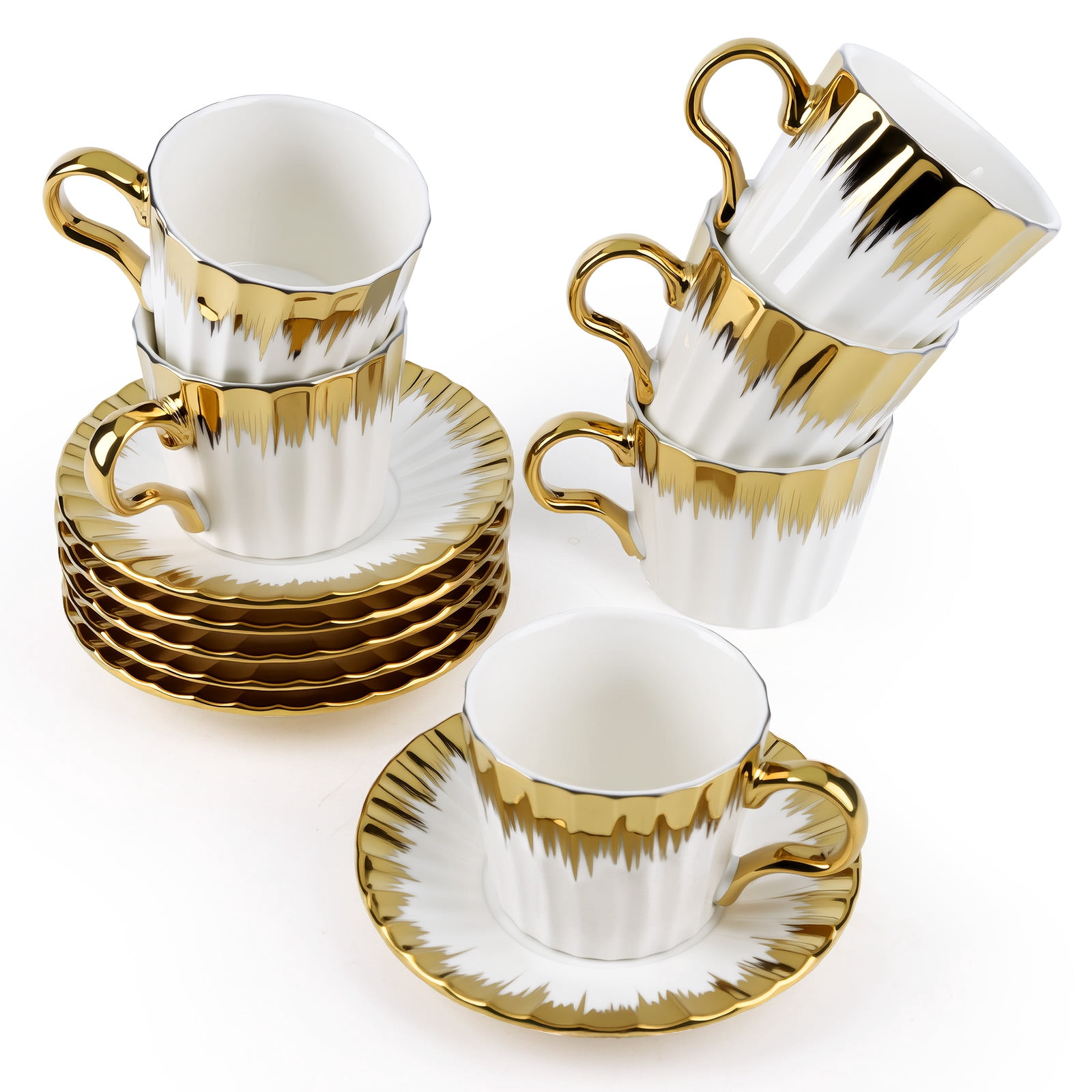 3.2oz Ceramic British Coffee Cup Set of 6, Italian Turkish Cappuccino Cups Porcelain Espresso Cups and Saucers with Gold Trim for Double Espresso Cappuccino Latte Mocha Tea