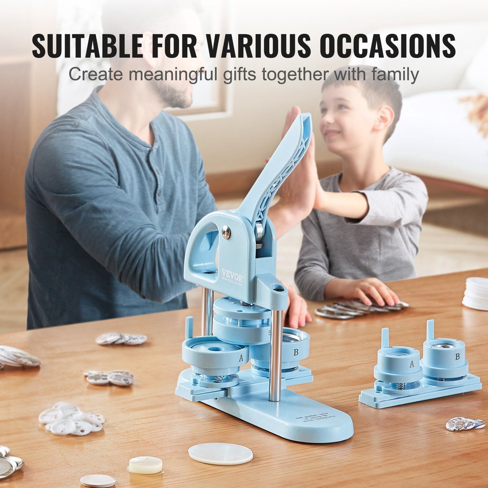 3 in 1 Button Maker Machine 1 1.25 2.28 Inch 25 32 58mm Pin Maker with 300pcs Button Parts Panda Magic Book Ergonomic Arc Handle Punch Press Kit for Children DIY Gifts Blue