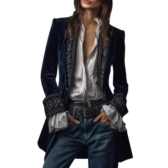 Women's Retro Velvet Long Jacket Velvet Patchwork Printed Edge Long Sleeved Casual Jacket