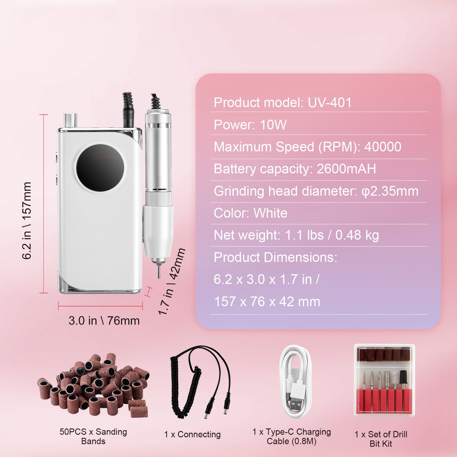 KFFKFF Cordless Nail Drill, 40,000RPM, Rechargeable Electric File with LCD, Acrylic & Gel Nail Grinder, Includes 6 Bits & 50 Sanding Bands for Nail Carving & Polishing