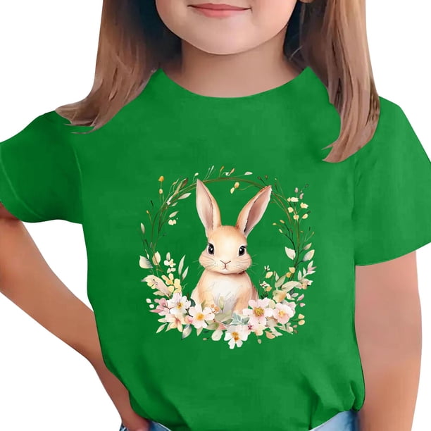Manga Corta Crop Top para Niños con Lindo Estampado de Pascua, Cuello Redondo Casual Graphic Tee para 3-14 Años, Tela Suave Transpirable