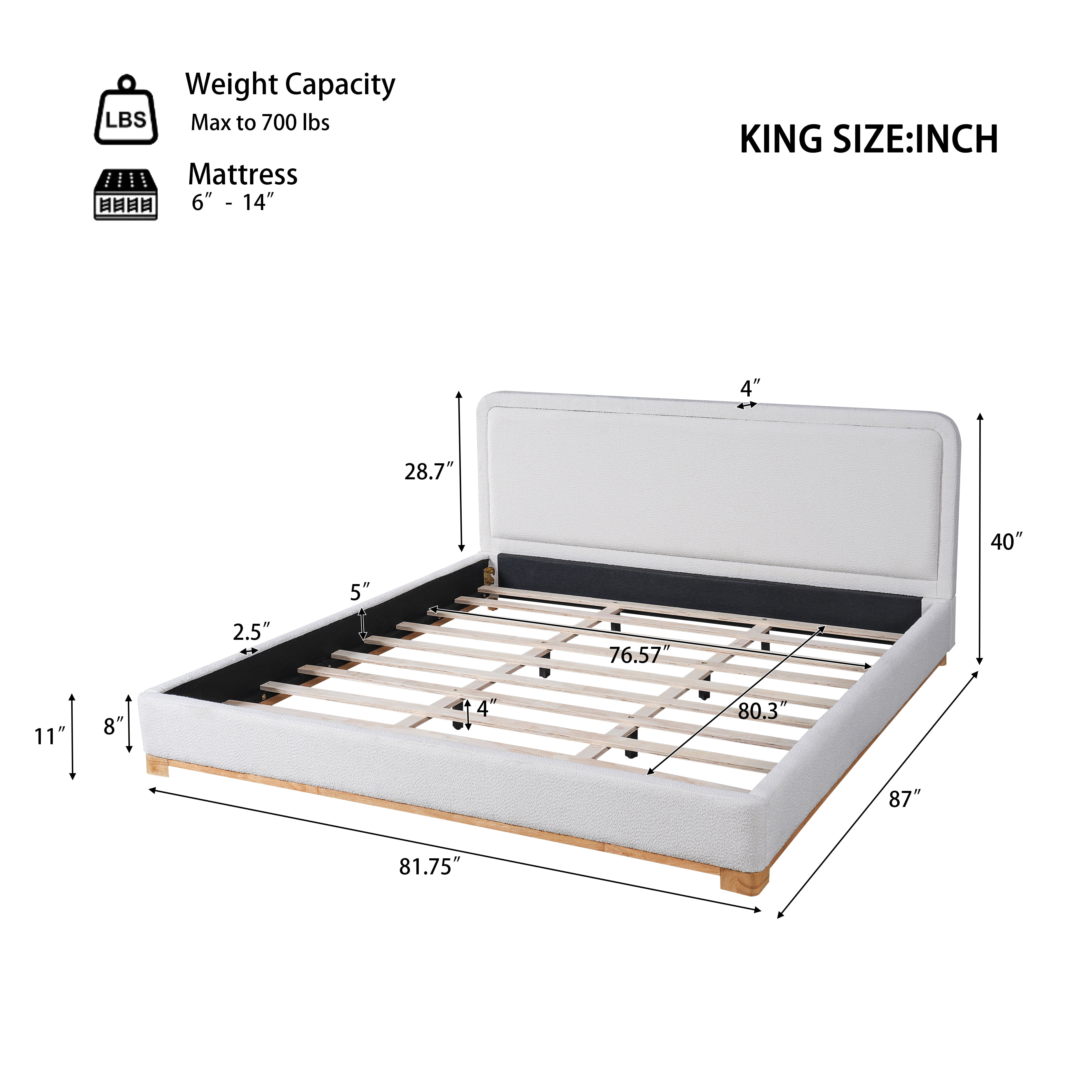 King Size Bed Frame with Boucle Upholstered Curved Headboard & Solid Wood Base, Platform Bed for Bedroom, White