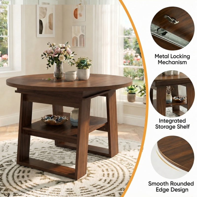 43"-59" Extendable Round-to-Oval Dining Table for 4-6 with Flip-Up Leaf, Kitchen Accent Dinner Table with Storage Shelf