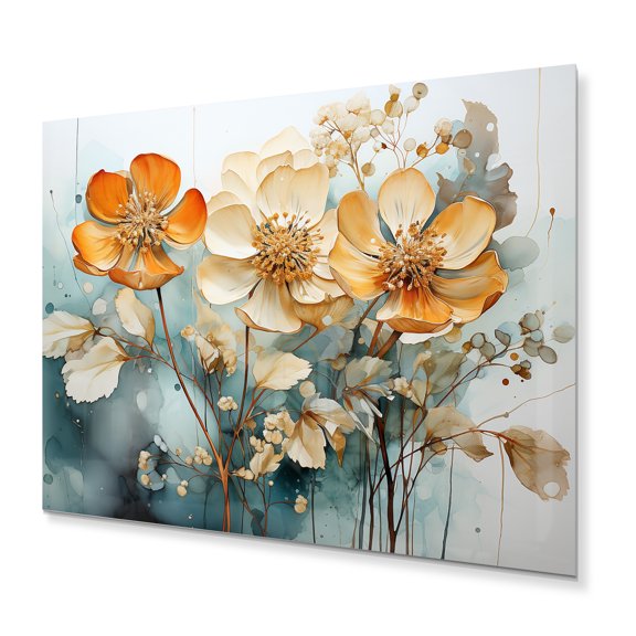 Designart "Orange Teal botanic particles" Abstract Botanicals Metal Wall Art