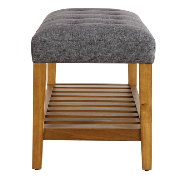 HomeStock Gray & Oak Wooden Bench, 40"L x 16"W x 18"H - Craftsman Style with Tufted Seat & Open Storage Shelf, 25 lbs, Assembly Required