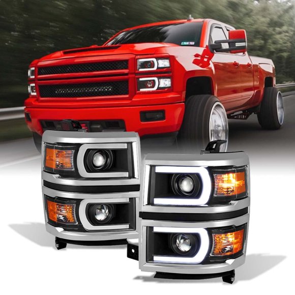 AKKON - For [U Neon Bar Style] [Black] 2014 2015 Chevy Silverado 1500 LED DRL Projector LH + RH Side Headlights