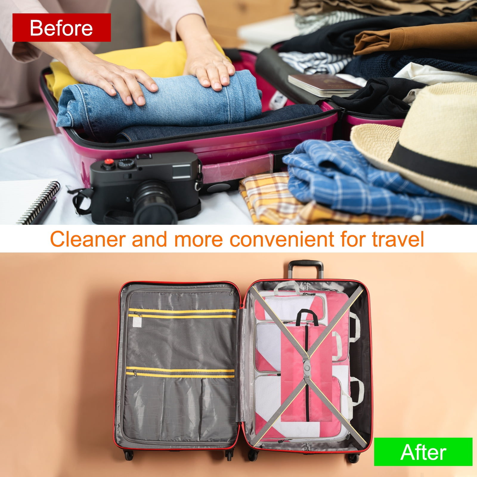 Uxcell 6pcs Compression Packing Cube for Suitcases Lightweight Travel Essentials Luggage Organizers Bags, Pink
