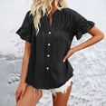 thumbnail image 4 of Timegard Tops for Women Ruched Ruffle Short Sleeve Stand Collar Shirts Casual Loose Button up Blouse, 4 of 5