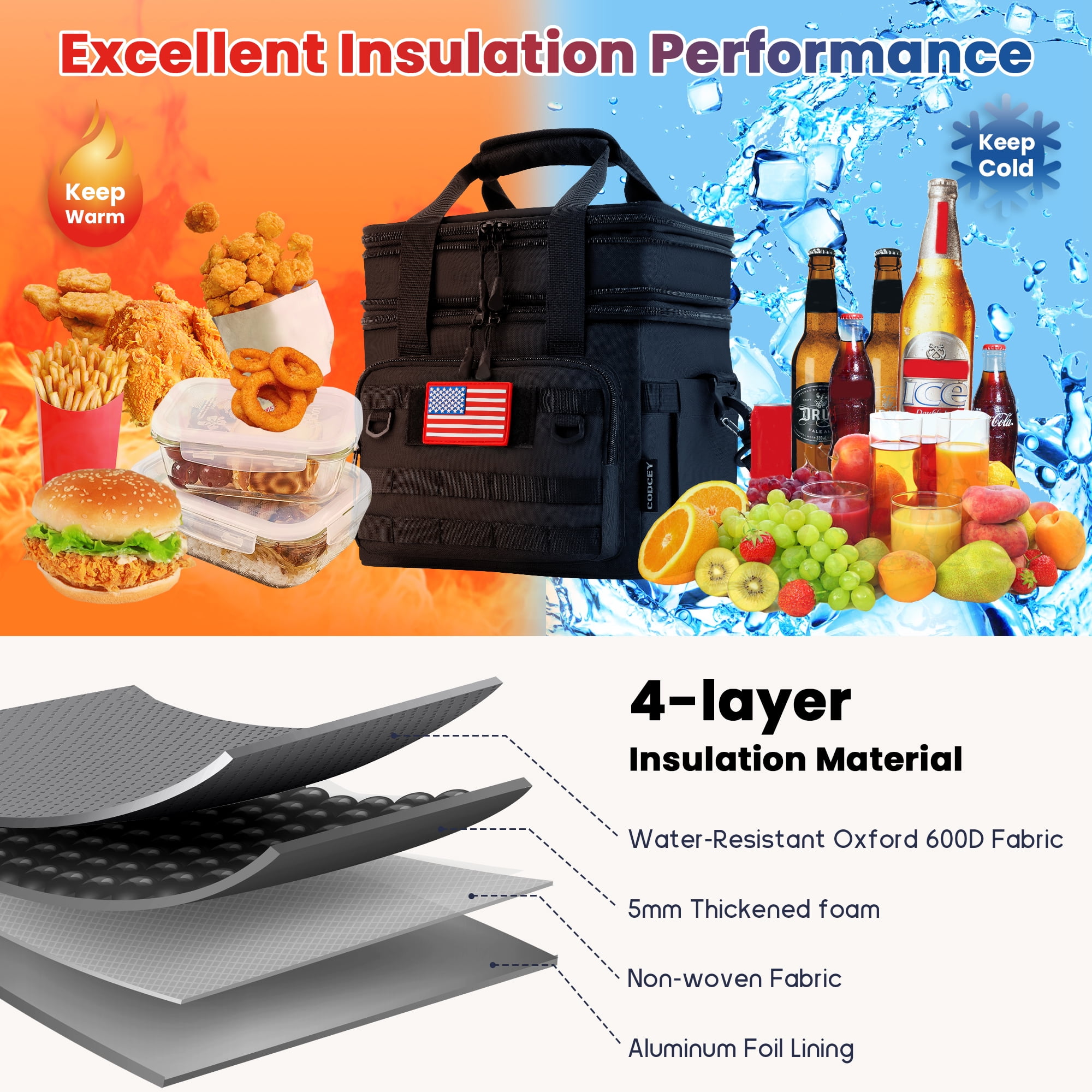 CODCEY Heavy Duty Insulated Expandable Double Deck Leakproof Large Reusable Tactical Lunch Bags