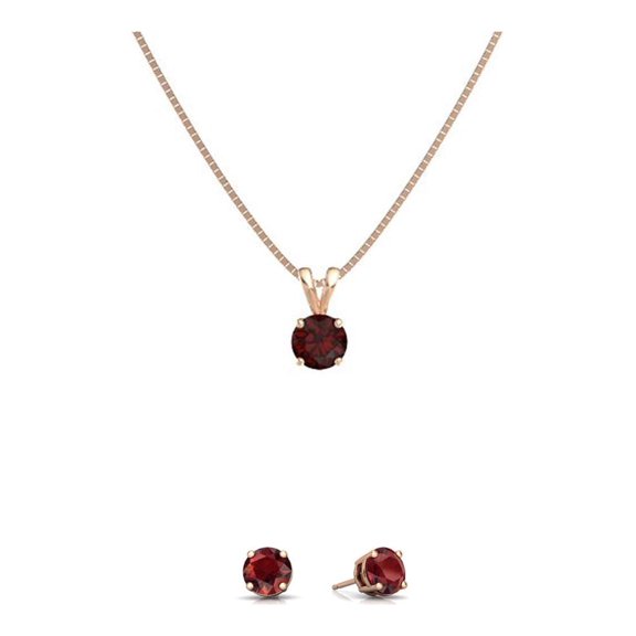 Paris Jewelry 18K Rose Gold 1Ct Garnet Round 18 inch Necklace and Earrings Set Plated Women