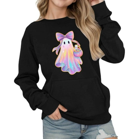 Weebloom Boys Girls Halloween Sweatshirt Oversized Hoodies Casual Long Sleeve Pullover With Pocket Drop Shoulder Loose Fit Tops Sweatshirts Lovely Dailywear Black